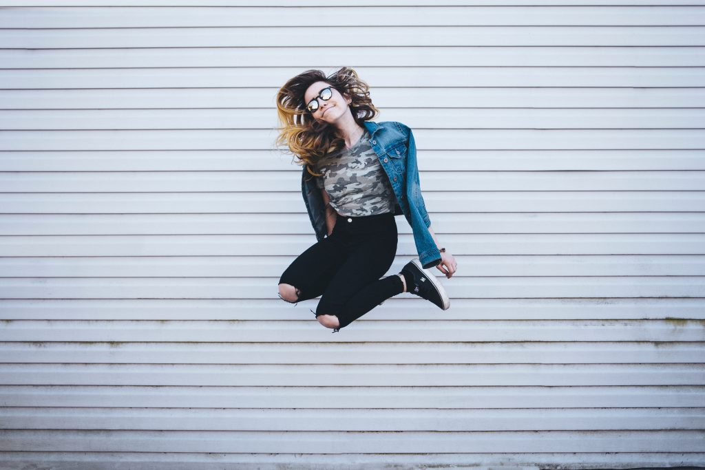 Girl Jumping White Wall Overlap Excited